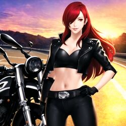  1girls ai_generated atlus belt black_pants cleavage cowboy_shot gloves ground_vehicle hair_over_one_eye hand_on_hip jacket leather leather_jacket lips long_hair looking_at_viewer medium_breasts megami_tensei midriff mitsuru_kirijo motor_vehicle motorcycle nai_diffusion navel outdoors persona persona_3 red_eyes red_hair sky smile solo stable_diffusion standing sun sunset 