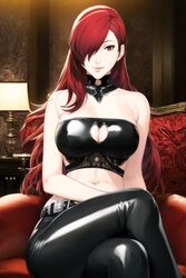  ai_generated atlus bangs bare_shoulders belt black_pants breasts cat_cutout choker cleavage cleavage_cutout closed_mouth clothing_cutout collar collarbone couch crossed_legs female hair_over_one_eye heart_cutout large_breasts latex lips long_hair looking_at_viewer megami_tensei midriff mitsuru_kirijo nai_diffusion navel pants persona persona_3 red_eyes red_hair sitting smile solo stable_diffusion strapless thighs very_long_hair 