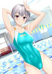  absurdres aqua_one-piece_swimsuit armpits breasts brown_eyes commentary_request competition_swimsuit covered_navel cowboy_shot dutch_angle female grey_hair grin highleg highleg_one-piece_swimsuit highres indoors lane_line medium_breasts multicolored_clothes multicolored_swimsuit one-piece_swimsuit original pool presenting_armpit short_hair smile solo string_of_flags swimsuit takafumi tomboy v variant_set 