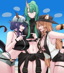  3girls absurdres anger_vein animal_ears arknights armpits bare_shoulders beach bikini black_bikini black_one-piece_swimsuit blonde_hair blue_hair blue_sky breasts cat_ears cat_girl cat_tail center_opening ch&#039;en_(arknights) ch&#039;en_the_holungday_(arknights) cowboy_shot denim denim_shorts dragon_girl dragon_horns dragon_tail ears_through_headwear green_eyes green_hair hair_between_eyes hat highres horns horns_through_headwear hoshiguma_(arknights) hoshiguma_(seeker)_(arknights) jewelry kanta_(kanta_077) large_breasts long_hair multiple_girls navel necklace ocean one-piece_swimsuit open_fly pointing pointing_at_another red_eyes shorts sky speech_bubble stomach summer sun_hat swimsuit swire_(arknights) swire_the_elegant_wit_(arknights) tail thigh_strap thighs underboob white_hat yellow_eyes 