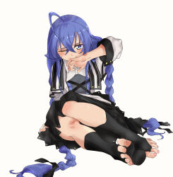  ahoge black_skirt blue_hair blush braid feet female full_body highres jacket long_hair mushoku_tensei one_eye_closed roxy_migurdia simple_background sitting skirt solo syasyajin toeless_legwear toes twin_braids very_long_hair white_background 