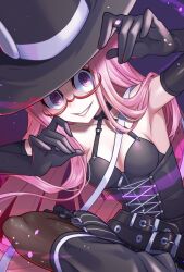  @_@ black_eyeshadow breasts elbow_gloves eyeshadow female glasses gloves glowing glowing_eyes hat highres large_hat leotard long_hair looking_at_viewer makeup nntkorippa pink_hair red_pupils semi-rimless_eyewear smile solo under-rim_eyewear under_night_in-birth under_night_in-birth_2_sys:celes uzuki_(under_night_in-birth) very_long_hair 