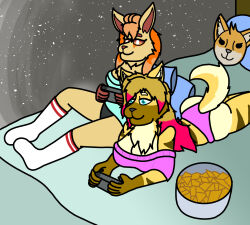  anthro bed canid canine chips_(food) clothing duo female female/female food furniture gaming generation_1_pokemon hi_res knee_highs legwear mammal nintendo panties pokemon pokemon_(species) underwear vulpix 