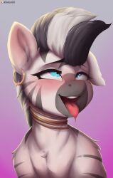  absurd_res ahe_gao blush bodily_fluids bust_portrait drawalaverr drooling ear_piercing ear_ring equid equine female friendship_is_magic gradient_background hasbro hi_res horse looking_pleasured looking_up mammal my_little_pony neck_ring one_ear_up open_mouth piercing portrait ring_piercing saliva saliva_string silly silly_face simple_background solo stripes tongue tongue_out zebra zecora_(mlp) 