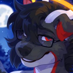  ambiguous_gender anthro black_hair black_nose bust_portrait canid cheek_tuft corzh77 facial_tuft floppy_ears fur grey_body grey_fur hair hi_res horn mammal moon night outside portrait red_eyes red_horn smile solo star tuft white_body white_fur white_horn 