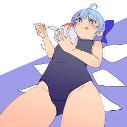  absurdres ahoge bare_arms blue_bow blue_eyes blue_hair blue_one-piece_swimsuit blush bow cirno closed_mouth commentary_request covered_nipples cowboy_shot female flat_chest from_below hairbow heart heart-shaped_pupils highres holding holding_spoon ice ice_wings one-piece_swimsuit shiroi_karasu short_hair smile solo spoon swimsuit symbol-shaped_pupils tongue tongue_out touhou wings 