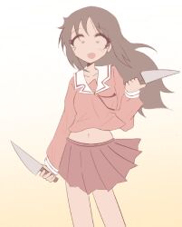  :d azumanga_daioh&#039;s_school_uniform azumanga_daiou brown_hair dual_wielding female gradient_background highres holding holding_knife kasuga_ayumu knife long_hair looking_at_viewer navel open_mouth pink_serafuku pink_shirt purple_skirt sakakaorin school_uniform serafuku shirt skirt smile solo white_background yellow_background 