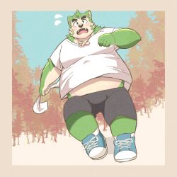  anthro belly bottomwear bulge canid canine canis clothing domestic_dog footwear fur green_body green_fur hi_res kojitsunamayo lifewonders live_a_hero male mammal mokdai overweight running shirt shoes shorts sneakers solo t-shirt topwear 