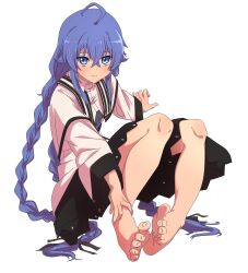  barefoot black_skirt blue_eyes blue_hair blush braid feet female full_body highres jacket long_hair looking_at_viewer mushoku_tensei roxy_migurdia simple_background skirt solo syasyajin toes twin_braids very_long_hair white_background 