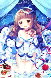  :d apple bare_shoulders blue_footwear breasts brown_eyes brown_hair candy_wrapper collar collarbone commentary_request crown cup curtains female food frilled_leotard frilled_pillow frills fruit hairband heart higanbana_no_saku_yoru_ni highres jacket kusunoki_midori leash leotard medium_breasts off_shoulder open_clothes open_jacket pillow red_apple red_collar sakurazawa_izumi saucer shoes sitting smile solo strapless strapless_leotard stuffed_animal stuffed_toy tea teacup teddy_bear thighhighs tiered_tray tilted_headwear wariza white_jacket white_leotard white_thighhighs yellow_hairband 