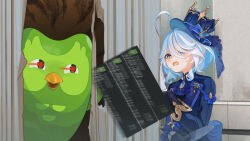  1other absurdres against_door ascot asymmetrical_gloves blue_ascot blue_brooch blue_eyes blue_gemstone blue_hair blue_hat blue_jacket camunekoz cowlick crying drop-shaped_pupils duo_(duolingo) duolingo female furina_(genshin_impact) gem genshin_impact gloves grey_hair hair_between_eyes half_gloves hat here&#039;s_johnny!_(meme) heterochromia highres jacket kodona light_blue_hair light_blush lolita_fashion long_sleeves looking_at_viewer meme mismatched_gloves mismatched_pupils multicolored_hair notification open_mouth short_hair spoken_character streaked_hair symbol-shaped_pupils the_shining top_hat upper_body wavy_hair wavy_mouth white_gloves white_hair 