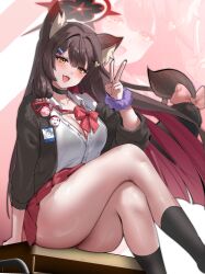  absurdres animal_ear_fluff animal_ears black_choker black_hair black_socks blue_archive blush bow bowtie breasts choker cleavage colored_inner_hair crossed_legs desk doodle_sensei_(blue_archive) fangs female fox_ears fox_girl fox_tail hair_ornament hairclip halo highres hinaumma large_breasts loose_bowtie multicolored_hair on_desk partially_unbuttoned pleated_skirt red_bow red_bowtie red_hair red_nails red_skirt school_uniform scrunchie sensei_(blue_archive) shirt sitting skirt socks solo tail tail_bow tail_ornament two-tone_hair v wakamo_(blue_archive) white_shirt wrist_scrunchie yellow_eyes 