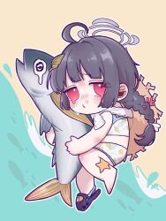  ahoge animal bare_legs bikini black_hair blue_archive blush braid brown_hat bruise_on_arm bruise_on_leg chibi chibi_only crocs crying crying_with_eyes_open female fish from_above furrowed_brow grey_halo hair_intakes halo hat hat_on_back highres holding holding_animal holding_fish kaming3698 leaf leaf_on_head leaf_print looking_at_viewer low_twintails lying miyu_(blue_archive) miyu_(swimsuit)_(blue_archive) no_pupils ocean official_alternate_costume on_side outline pink_eyes purple_footwear shoes shore sidelocks single_barefoot single_shoe starfish straw_hat swimsuit tears twin_braids twintails white_bikini white_outline 