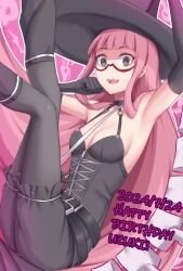  @_@ armpits baggy_shorts breasts character_name dated elbow_gloves female glasses gloves happy_birthday hat highres leotard long_hair looking_at_viewer open_mouth pink_hair red-framed_eyewear semi-rimless_eyewear solo soukitsu under-rim_eyewear under_night_in-birth under_night_in-birth_2_sys:celes uzuki_(under_night_in-birth) very_long_hair 