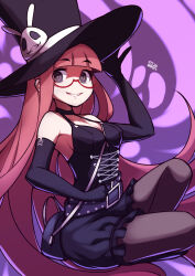  @_@ baggy_shorts breasts elbow_gloves female glasses gloves hat highres leotard long_hair looking_at_viewer no_nose pink_hair red-framed_eyewear semi-rimless_eyewear simple_background smile solo umenodo under-rim_eyewear under_night_in-birth under_night_in-birth_2_sys:celes uzuki_(under_night_in-birth) very_long_hair 