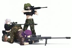  3girls :/ absurdres ai_arctic_warfare aiming ammunition_pouch ass assault_rifle black_footwear black_gloves black_shirt bolt_action boots brown_footwear brown_shirt camouflage camouflage_pants cargo_pants closed_mouth combat_boots cropped_shirt double-parted_bangs earrings elf fern_(sousou_no_frieren) finger_on_trigger frieren gloves green_eyes green_hair grey_hair gun hair_between_eyes hair_ornament highres holding holding_gun holding_weapon human_bipod inkspirate instagram_logo instagram_username jewelry long_hair long_pointy_ears midriff multiple_girls navel on_one_knee one_eye_closed pants parted_bangs pointy_ears pouch puckered_lips purple_eyes purple_hair rifle scope shadow shirt short_eyebrows short_sleeves side_ponytail simple_background sleeves_past_elbows sniper_rifle sousou_no_frieren standing thick_eyebrows top-down_bottom-up twintails ubel_(sousou_no_frieren) vertical_foregrip weapon weapon_request white_background 