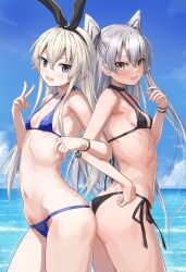  2girls amatsukaze_(kancolle) ass ass-to-ass bikini black_bikini blonde_hair blue_bikini blue_sky breasts brown_eyes cloud day grey_eyes grey_hair highres horizon kantai_collection locked_arms long_hair multiple_girls ocean outdoors shimakaze_(kancolle) side-tie_bikini_bottom sky small_breasts swimsuit takanashi_kei_(hitsujikan) two_side_up v 