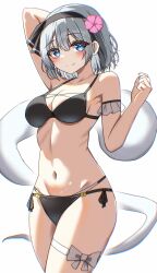  absurdres alternate_costume arm_behind_head bikini black_bikini black_hairband blue_eyes blush bow breasts cleavage closed_mouth commentary_request female flower grey_hair hair_flower hair_ornament hairband highres hitodama kiui_(dagk8254) konpaku_youmu konpaku_youmu_(ghost) layered_bikini looking_at_viewer midriff navel paid_reward_available pink_flower solo swimsuit thigh_bow thigh_strap thighs touhou white_bow 