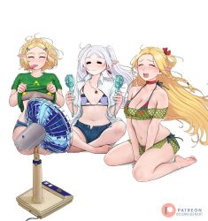  3girls :3 =_= absurdres alternate_costume artist_name barefoot bikini blonde_hair blue_shorts blush braid breasts choker closed_eyes clothes_lift commentary contemporary crossover dangle_earrings dismaiden dungeon_meshi earrings electricity elf english_commentary feet floating_hair food food_in_mouth frieren green_bikini green_shirt hair_ornament hairclip hand_fan highres holding holding_fan indian_style jewelry kneeling large_breasts legs long_hair marcille_donato multiple_girls navel necklace patreon_logo patreon_username pointy_ears popsicle popsicle_in_mouth princess_zelda red_choker seiza shirt shirt_lift shorts simple_background sitting small_breasts soles sousou_no_frieren sweat swimsuit the_legend_of_zelda the_legend_of_zelda:_breath_of_the_wild thighs toenails toes triforce twintails underboob white_background white_hair 