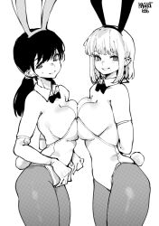  2girls :&gt; alternate_costume animal_ear_hairband animal_ears armpit_crease arms_behind_back artist_name backless_leotard bare_shoulders bow bowtie breast_press breasts chainsaw_man commission detached_collar ear_piercing earrings elbow_gloves fake_animal_ears fake_tail fami_(chainsaw_man) from_side gloves greyscale grin hairband highres jewelry large_breasts leotard long_hair looking_at_viewer low_ponytail medium_hair mitaka_asa mole monochrome multiple_girls nervous_smile norman_maggot pantyhose piercing playboy_bunny polka_dot_shadow ponytail rabbit_ears rabbit_tail sidelocks simple_background skindentation small_sweatdrop smile split_mouth standing swept_bangs symmetrical_docking tail white_background 