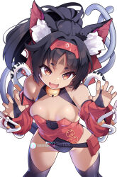  :d alternate_costume animal_ear_fluff animal_ears bell black_hair black_thighhighs breasts bright_pupils cat_ears cat_girl cat_tail cleavage commentary cowboy_shot dark-skinned_female dark_skin english_commentary female hairband highres hot_vr jingle_bell looking_at_viewer multiple_tails neck_bell nekomiya_mana open_mouth pixiv_username playboy_bunny red_eyes red_hairband simple_background small_breasts smile solo standing subscribestar_username tail thighhighs white_background white_pupils zenless_zone_zero 