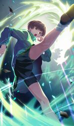  bike_shorts_under_skirt brown_hair commentary_request female fighting_stance foot_out_of_frame green_jacket high_kick highres jacket kicking leg_up light_particles long_sleeves looking_at_viewer open_mouth persona persona_4 pleated_skirt satonaka_chie school_uniform short_hair skirt socks solo standing standing_on_one_leg track_jacket white_socks yasogami_school_uniform yono_999 