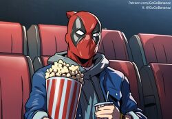  casual chair clothing deadpool deadpool_&amp;_wolverine_(2024) deadpool_(film) drink eating food gogobananaz hoodie male male_only mask movie movie_theater patreon popcorn sfw solo solo_focus solo_male tagme url watching 