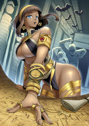  2others absurdres ankh armlet bat_(animal) blue_eyes bracelet breasts brown_hair dark_skin earrings egyptian female fingernails hieroglyphics highres indoors isaosa jewelry looking_at_viewer medium_breasts multiple_others mummy open_mouth original ring scroll sharp_fingernails short_hair thighlet 