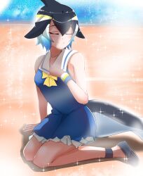  absurdres animal_ears beach black_hair blonde_hair blowhole blue_eyes blue_hair blush bow cetacean_tail closed_eyes common_dolphin_(kemono_friends) dolphin_girl dorsal_fin dress fins fish_tail grey_hair highres kemono_friends kemono_friends_3 kneeling multicolored_hair nanoder sailor_collar shirt short_hair sleeveless smile tail white_hair 