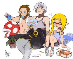  2boys absurdres ao_hito blonde_hair blue_eyes blush braid breasts cleavage female fire_emblem fire_emblem_awakening flower food highres hot inkling inkling_girl inkling_player_character jewelry link long_hair mario_(series) multiple_boys navel piranha_plant pointy_ears popo_(ice_climber) popsicle robe robin_(fire_emblem) robin_(male)_(fire_emblem) short_hair splatoon_(series) super_smash_bros. sweat tentacle_hair the_legend_of_zelda the_legend_of_zelda:_breath_of_the_wild towel white_hair 