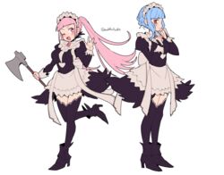  2girls artist_name axe blue_hair blush breasts commentary cosplay do_m_kaeru felicia_(fire_emblem) felicia_(fire_emblem)_(cosplay) fire_emblem fire_emblem:_three_houses fire_emblem_fates flora_(fire_emblem) flora_(fire_emblem)_(cosplay) full_body high_heels hilda_valentine_goneril holding holding_axe holding_weapon large_breasts long_hair long_sleeves maid maid_headdress marianne_von_edmund multiple_girls one_eye_closed open_mouth pink_hair simple_background standing thighhighs tongue twintails twitter_username watermark waving weapon white_background 