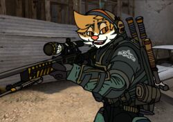  1st_lieutenant_farlow_(cs:go) anthro awp bulletproof_vest clothing counter-strike cyberrodrigo felid feline gun hair leopardus male mammal ocelot police police_uniform ranged_weapon rifle rodrigo_(cyberrodrigo) smile sniper_rifle solo swat tools uniform valve weapon 