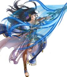  bare_shoulders black_eyes black_hair breasts dress female fire_emblem fire_emblem:_the_blazing_blade fire_emblem_heroes full_body gold_trim hair_ornament highres holding holding_weapon karla_(fire_emblem) karla_(hatari)_(fire_emblem) kita_senri leg_up loincloth long_hair looking_away medium_breasts non-web_source official_art open_mouth pantyhose pelvic_curtain polearm short_sleeves spear strapless strapless_dress toeless_footwear toes transparent_background weapon wide_sleeves 