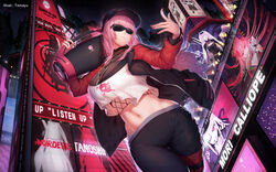  absurdres artist_name black_pants boombox breasts building female from_below highres holding_boombox hololive hololive_english jacket jewelry large_breasts long_hair midriff mori_calliope mori_calliope_(streetwear) nail_polish navel necklace night official_alternate_costume pants pink_hair skull_and_crossbones skyscraper solo sunglasses tama_yu thigh_gap virtual_youtuber 