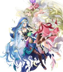  2girls armpits azura_(fire_emblem) azura_(hatari)_(fire_emblem) blonde_hair blue_eyes blush breasts capelet detached_collar dress feathered_wings feathers fire fire_emblem fire_emblem:_radiant_dawn fire_emblem_fates fire_emblem_heroes full_body gold_trim green_eyes habit highres holding jewelry kaya8 leanne_(fire_emblem) leanne_(hatari)_(fire_emblem) long_hair medium_breasts midriff multiple_girls navel necklace non-web_source nun official_art open_mouth pantyhose parted_lips see-through stomach toes torch torn_clothes transparent_background very_long_hair wings yellow_eyes 