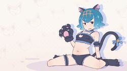  absurdres animal_ears animal_hands arm_support blue_hair bra cat_ears cat_lingerie cat_tail cosplay derivative_work fake_animal_ears fake_tail female gloves greatm8 hairband highres jitome lana_(pokemon) looking_at_viewer meme_attire navel onii-chan_wa_oshimai! oyama_mahiro oyama_mahiro_(cosplay) panties paw_gloves paw_shoes pokemon pokemon_sm screenshot_redraw solo source_filmmaker_(medium) tail thighlet underwear yellow_hairband 