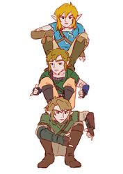  3boys aqua_tunic blonde_hair brown_hair champion&#039;s_tunic_(zelda) copyright_request full_body gopnik green_tunic link multiple_boys parody pointy_ears rain_rkgk simple_background stack the_legend_of_zelda the_legend_of_zelda:_breath_of_the_wild the_legend_of_zelda:_skyward_sword the_legend_of_zelda:_twilight_princess white_background 