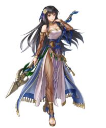  bare_shoulders black_eyes black_hair breasts cleavage collarbone detached_collar dress female fire_emblem fire_emblem:_the_blazing_blade fire_emblem_heroes full_body gold_trim hair_ornament hand_up highres holding holding_weapon karla_(fire_emblem) karla_(hatari)_(fire_emblem) kita_senri loincloth long_hair looking_at_viewer medium_breasts non-web_source official_art pantyhose parted_lips polearm shiny_clothes short_sleeves spear standing strapless strapless_dress toeless_footwear toes transparent_background weapon wide_sleeves 