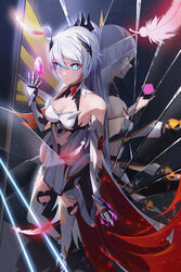  absurdres ahoge armor armored_boots back-to-back bare_shoulders blue_eyes boots breasts cleavage closed_mouth commentary_request crystal different_reflection dress feathers female gauge hair_between_eyes hair_ornament highres honkai_(series) honkai_impact_3rd kiana_kaslana kiana_kaslana_(herrscher_of_flamescion) kiana_kaslana_(herrscher_of_the_void) mirror ooo_wange ponytail reflection shards single_wing sleeveless sleeveless_dress solo white_dress white_hair wing_collar wings yellow_background 