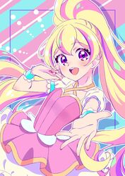  :d aikatsu!_(series) aikatsu_planet! bad_id bad_pixiv_id blonde_hair blush collarbone commentary dress female foreshortening gem_(symbol) green_hair hair_between_eyes hana_(aikatsu_planet!) high_ponytail highres idol kaoryu-kun long_hair looking_at_viewer makeup multicolored_hair nail_polish open_mouth otoha_mao outside_border pink_eyes pink_hair pink_nails puffy_short_sleeves puffy_sleeves reaching reaching_towards_viewer short_sleeves smile solo streaked_hair teeth upper_body upper_teeth_only very_long_hair wrist_cuffs 