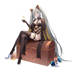  2r-_(pixiv8168114) absurdres alchemy_stars asymmetrical_clothes black_gloves boots bottle breasts cape closed_mouth coin crossed_legs elbow_gloves female gem gloves grey_eyes grey_hair highres long_hair looking_at_viewer pouch scar scar_across_eye sidelocks simple_background single_pantsleg single_thigh_boot sitting slit_pupils small_breasts smile smokey_(alchemy_stars) smokey_(imprisonment_of_greed)_(alchemy_stars) solo thigh_boots treasure_chest twintails twitter_username very_long_hair white_background wine_bottle 