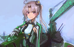  absurdres ahoge aircraft akitsushima_(kancolle) armpit_cutout blue_background breasts clothing_cutout earrings female gloves grey_hair hat highres jacket jewelry kantai_collection long_hair medium_breasts mini_hat moor nishikitaitei-chan purple_eyes rigging side_ponytail simple_background smile solo upper_body white_gloves 