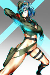  absurdres alternate_costume belt black_gloves black_panties blue_hair boots breasts commentary crop_top earrings english_commentary engrish_commentary eyepatch female garrison_cap gloves hat highres holster jewelry judge_(oekaki) leona_heidern military military_hat military_uniform no_pants panties simple_background snk_heroines:_tag_team_frenzy solo the_king_of_fighters thigh_boots thigh_holster thigh_strap thighhighs underboob underwear uniform 