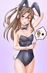  ace_(playing_card) ace_of_spades alternate_costume animal_ears anti_(untea9) bare_legs bell black_bow black_bowtie black_leotard blush bow bowtie breasts card card_game collarbone covered_navel cowbell cowboy_shot detached_collar fake_animal_ears female gradient_background hair_between_eyes hair_ribbon highres jack_(playing_card) jack_of_spades kantai_collection leotard looking_at_viewer playboy_bunny playing_card poker purple_skirt rabbit_ears rabbit_tail ribbon skirt small_breasts solo spade_(shape) strapless strapless_leotard tail white_ribbon wrist_cuffs zuihou_(kancolle) 