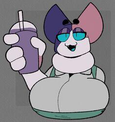  anthro beverage big_breasts blue_sclera breasts clothed clothing domestic_cat felid feline felis female grimace_shake hi_res holding_beverage holding_object looking_at_viewer mammal mcdonald&#039;s meme phebe_(srgreja) solo srgreja_(artist) 