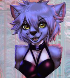  2021 anthro black_nose blue_body blue_fur blue_hair breasts canid canine canis chanrom collar female fur green_eyes hair looking_at_viewer maku_(maku450) mammal short_hair smile solo wolf 