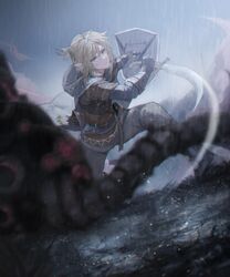  1boy arrow_(projectile) blonde_hair blue_eyes blurry blurry_foreground commentary_request gloves guardian_(zelda) hair_between_eyes highres holding holding_shield holding_weapon hood hood_down hylian_set_(zelda) link mada_(shizhou) male_focus outdoors pants parted_lips pointy_ears ponytail quiver rain scimitar shield short_ponytail sky sword the_legend_of_zelda the_legend_of_zelda:_breath_of_the_wild weapon 