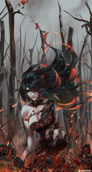  absurdres artist_name black_flower black_hair black_rose breasts cleavage female fire floating_hair flower grey_sky hair_between_eyes highres kneeling large_breasts long_hair looking_at_viewer multicolored_hair navel nude original outdoors parted_lips red_hair rose sky solo two-tone_hair whoareuu 