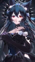  animal_ears black_flower black_gloves black_hair black_rose blue_flower blue_rose breasts choker cleavage elbow_gloves erune female flower gloves granblue_fantasy hair_flower hair_ornament highres ikenotori long_hair nier_(granblue_fantasy) parted_lips red_eyes rose short_sleeves small_breasts solo tiered_tray twitter_username upper_body white_flower white_rose 