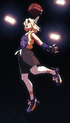  1boy absurdres alt_text alternate_costume aqua_eyes ball basketball basketball_(object) basketball_court basketball_jersey basketball_uniform blonde_hair bridget fingerless_gloves gloves guilty_gear guilty_gear_strive gym_shorts gym_uniform highres holding holding_ball jersey looking_to_the_side machitoons male_focus medium_hair open_mouth otoko_no_ko shoes shorts sneakers solo sportswear 